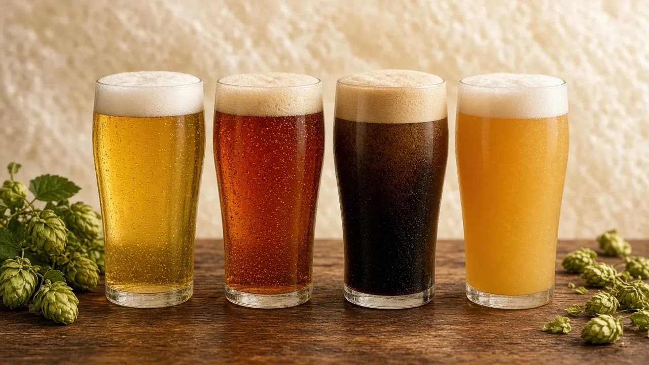 Flight of pale ale, amber ale, stout and hazy IPA