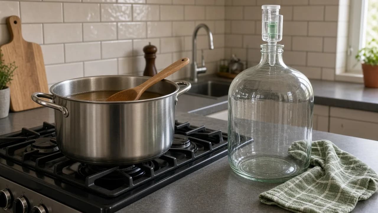 Home brewing pot and glass fermenter on a kitchen bench