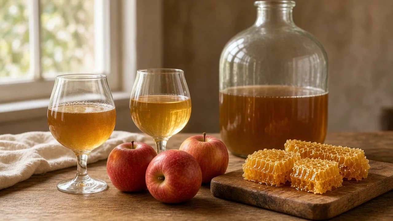 Glasses of cider and mead with apples and honeycomb