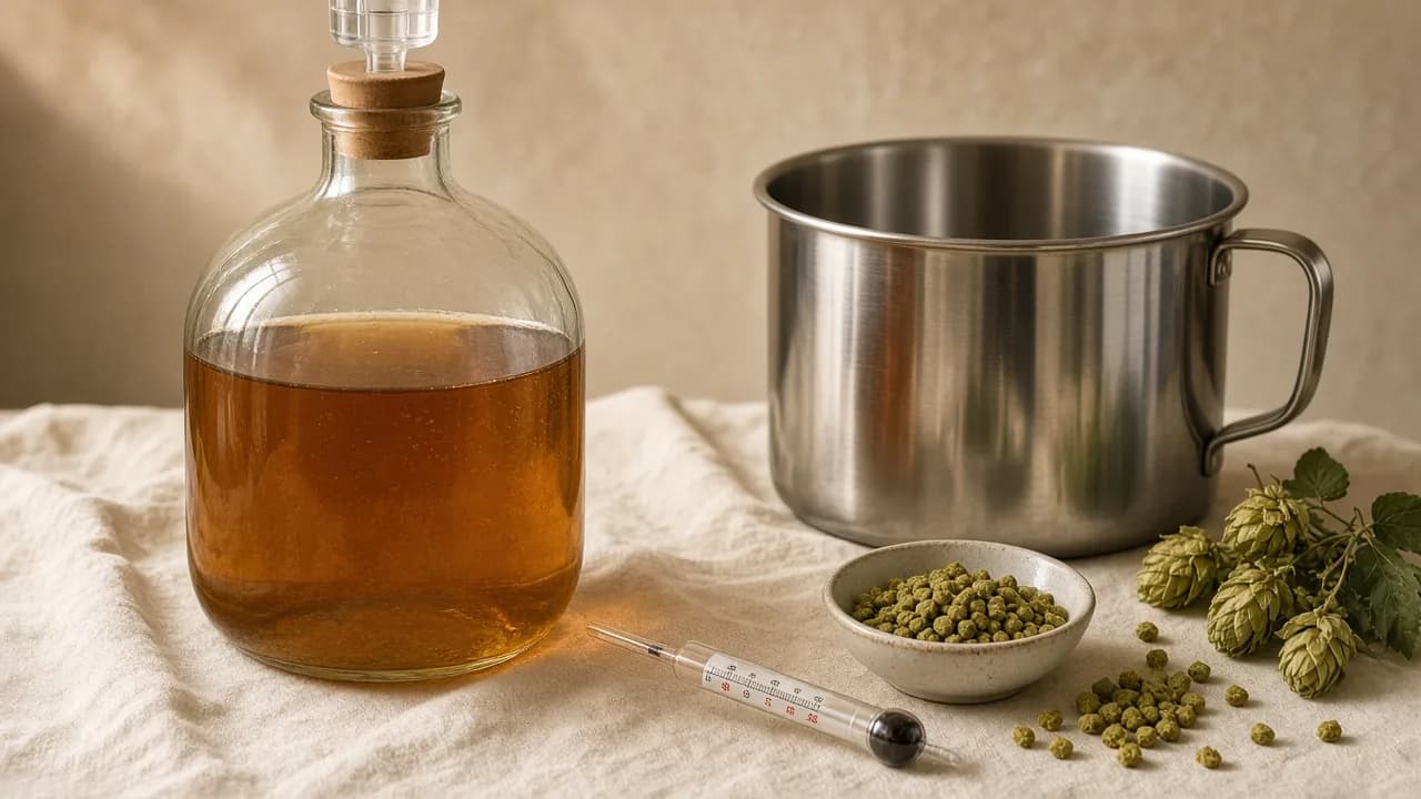 Glass carboy, brew kettle, hydrometer and hop pellets