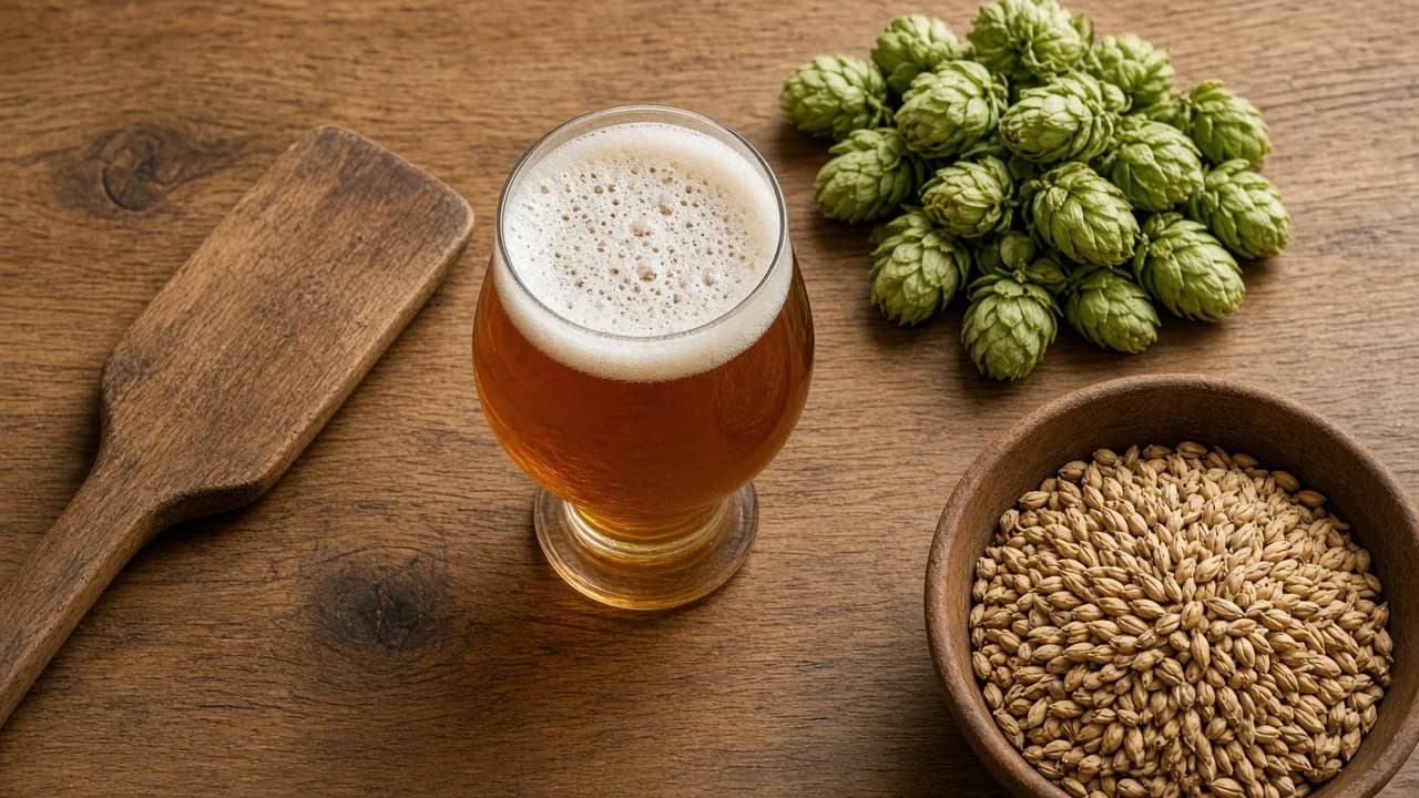 Amber beer, hop cones and malted barley on a wooden table